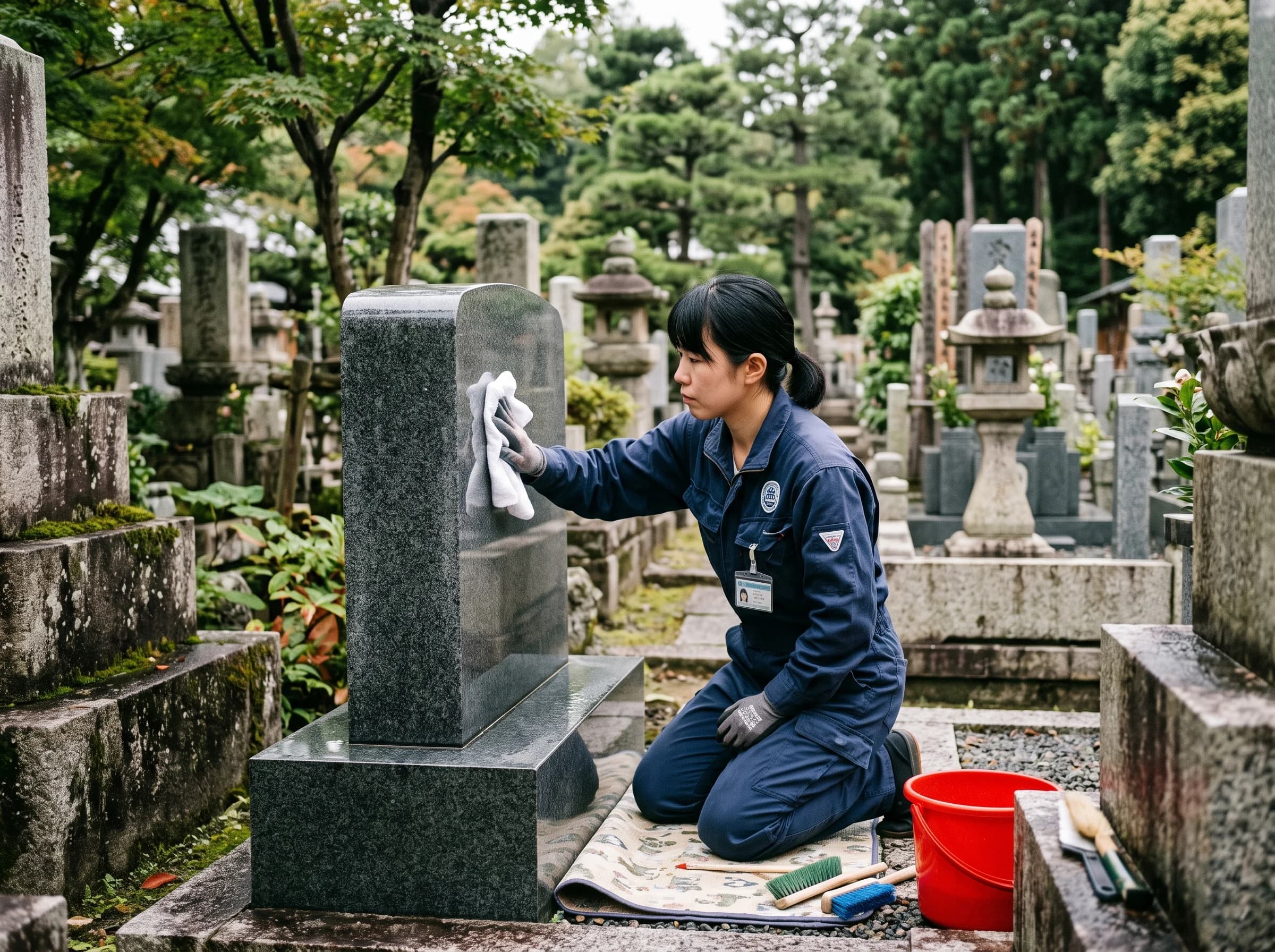 墓石を専用道具で丁寧に磨き上げるスタッフ